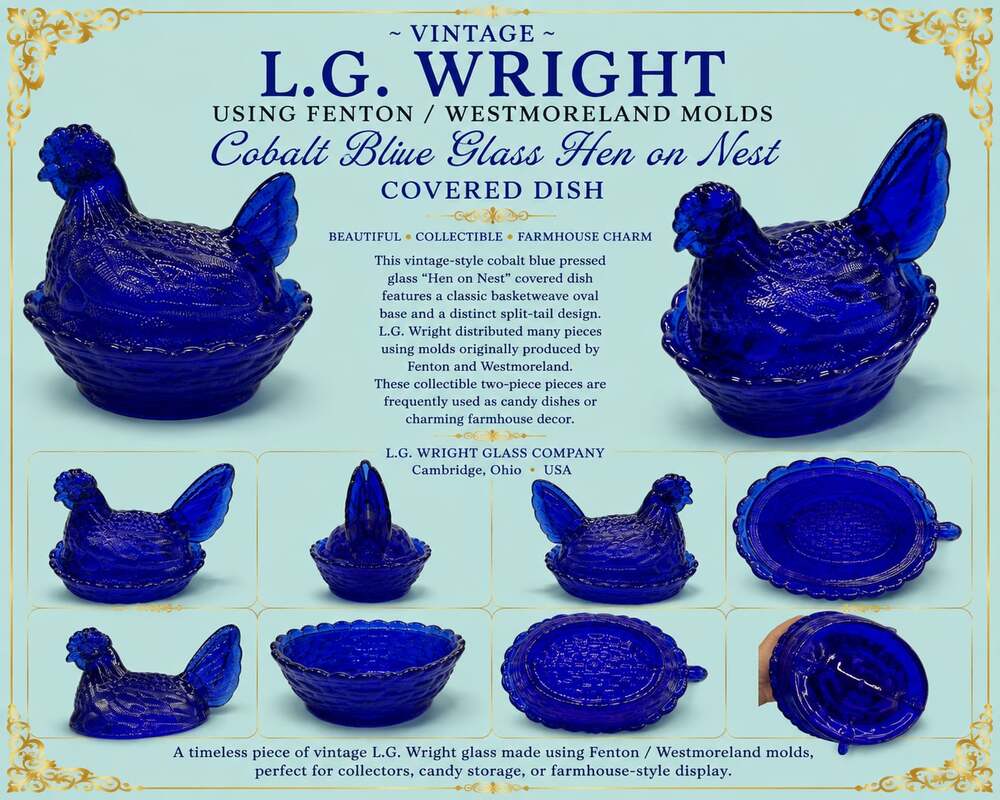 Vintage L.G. Wright Cobalt Blue Glass Hen on Nest Covered Dish